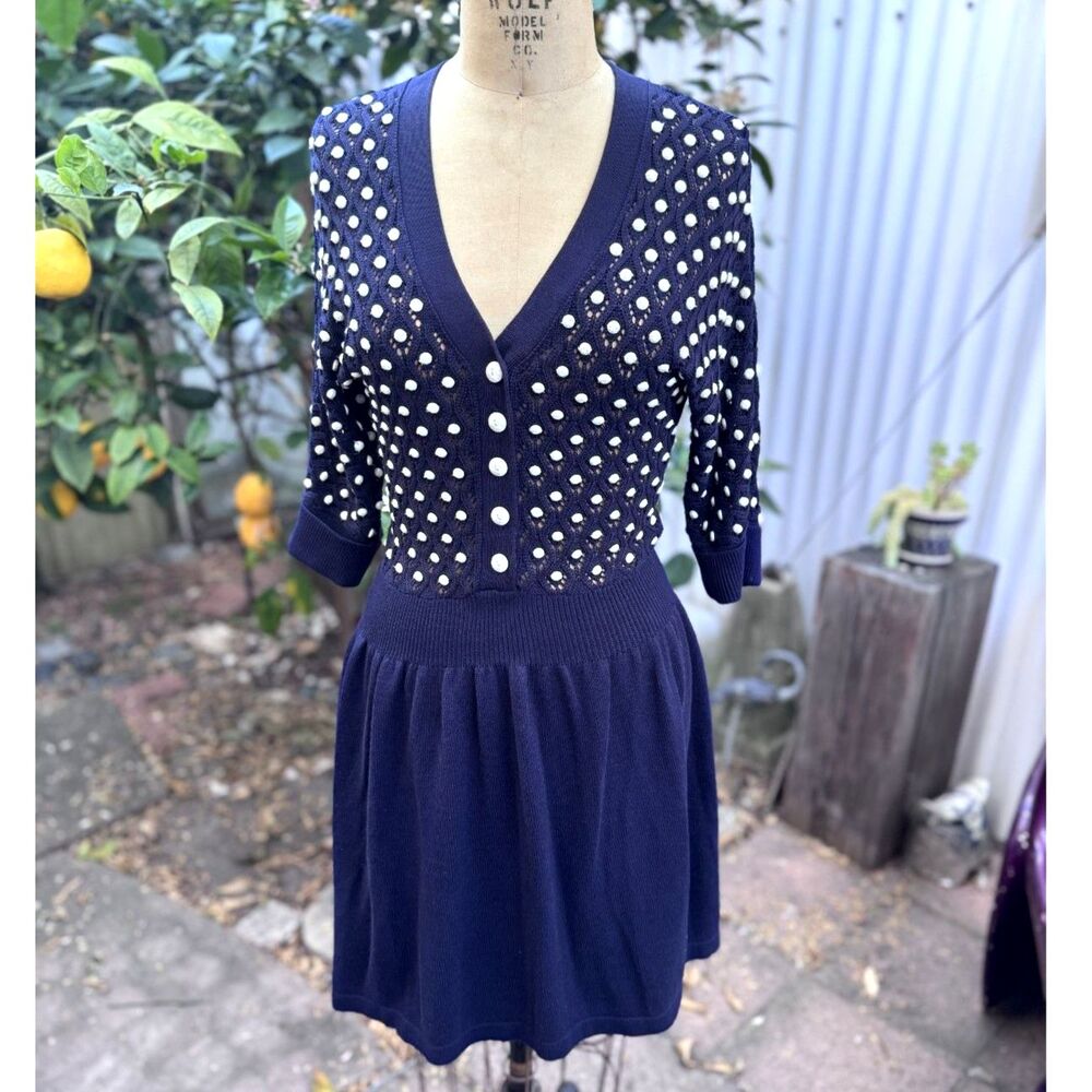 Marc By Marc Jacobs Navy Wht Circle 1/2 Beads Fitted A Line Knit Midi Dress SZ S
